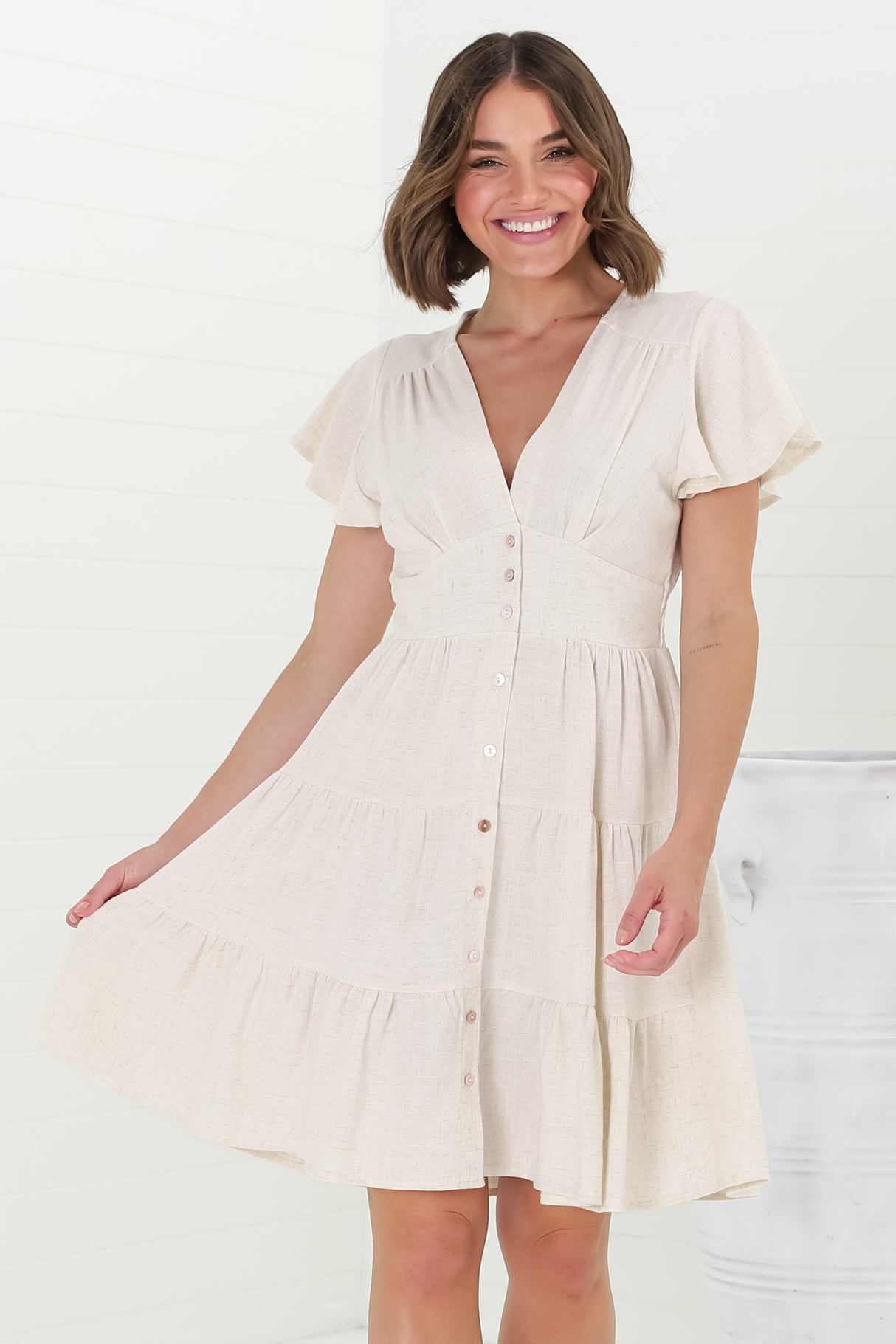 Amy Mini Dress - Frill Cap Sleeve Button Down V Neck Dress in Oat