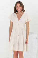 Amy Mini Dress - Frill Cap Sleeve Button Down V Neck Dress in Oat