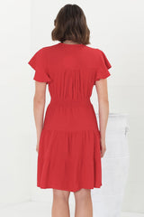 Amy Mini Dress - Frill Cap Sleeve Button Down V Neck Dress in Red