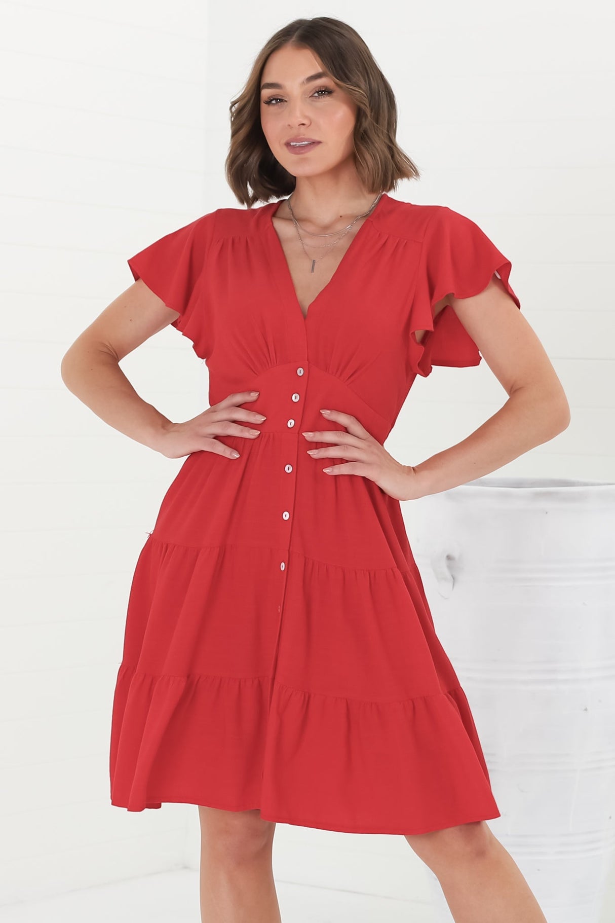 Amy Mini Dress - Frill Cap Sleeve Button Down V Neck Dress in Red