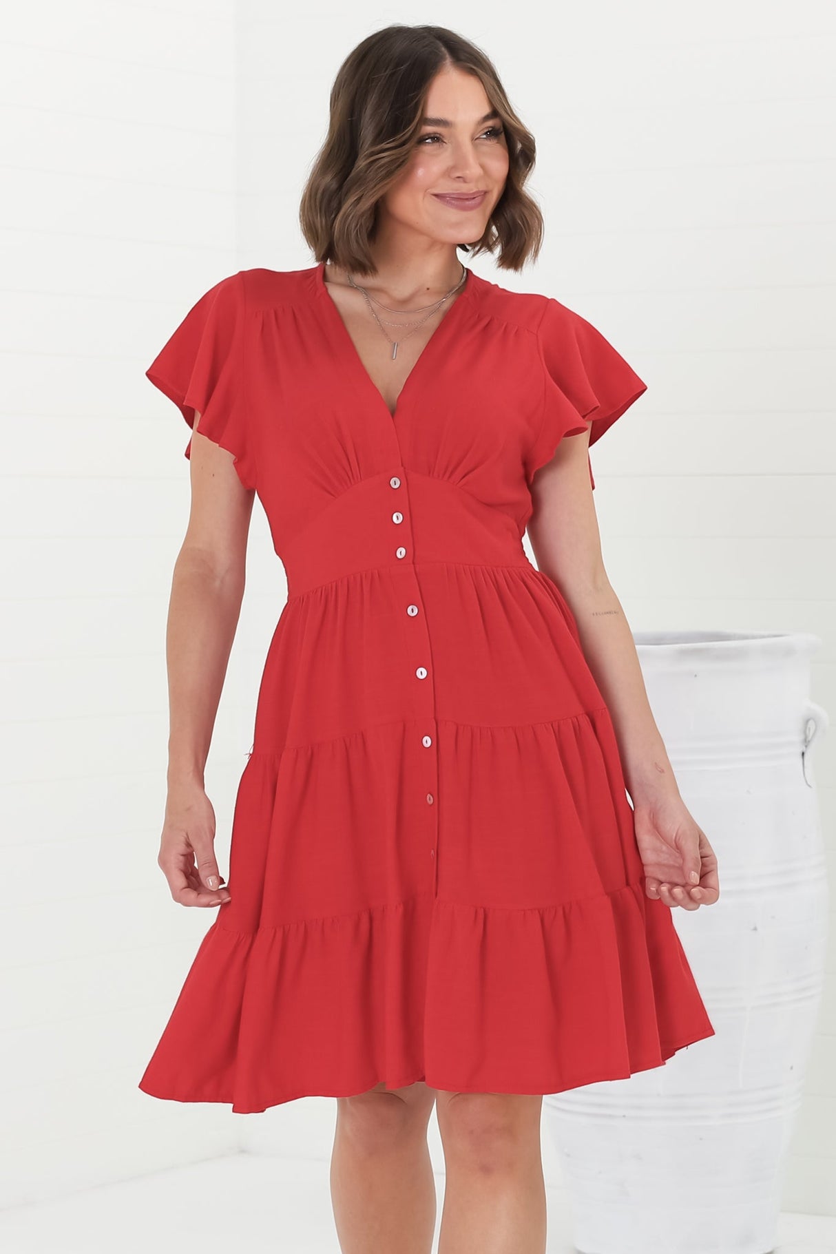 Amy Mini Dress - Frill Cap Sleeve Button Down V Neck Dress in Red