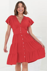 Amy Mini Dress - Frill Cap Sleeve Button Down V Neck Dress in Red