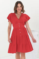 Amy Mini Dress - Frill Cap Sleeve Button Down V Neck Dress in Red