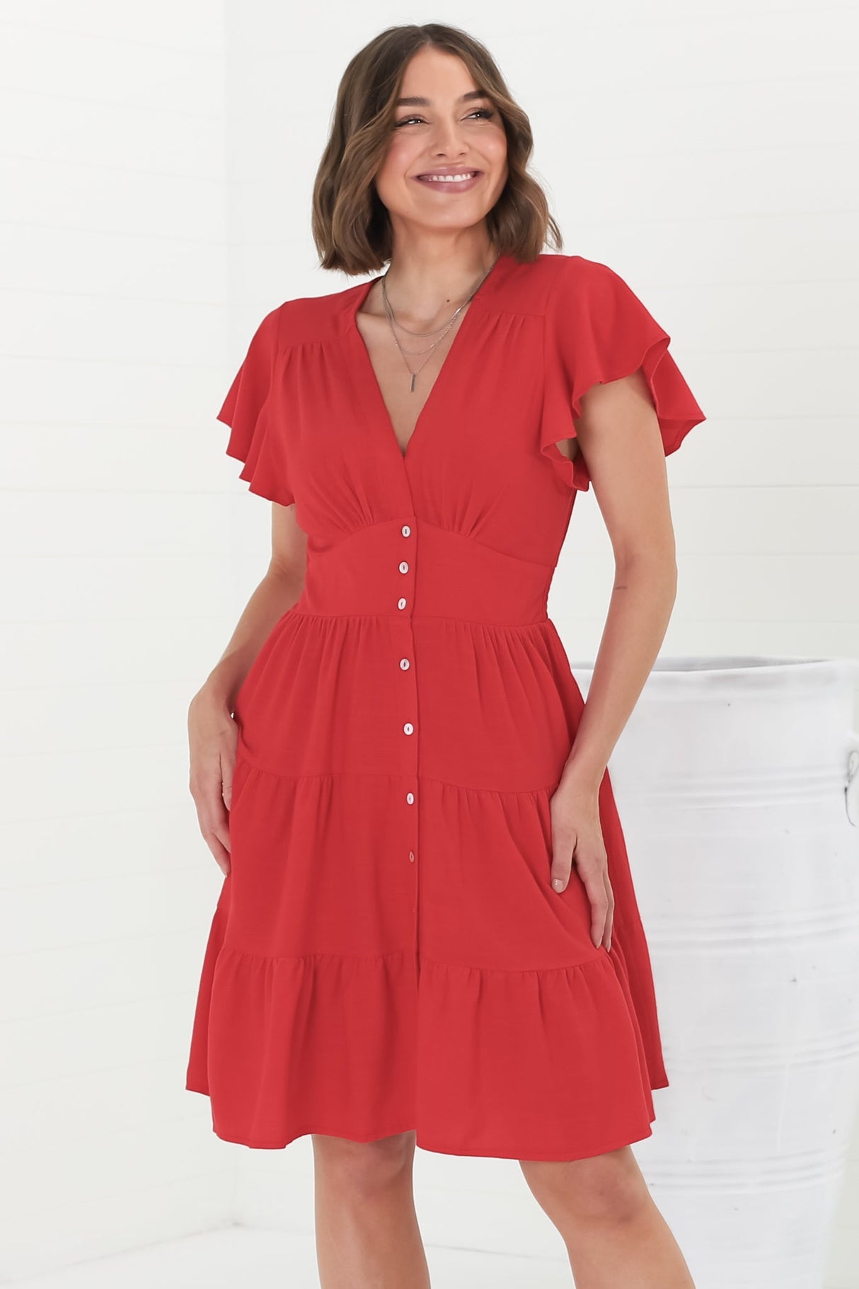 Amy Mini Dress - Frill Cap Sleeve Button Down V Neck Dress in Red