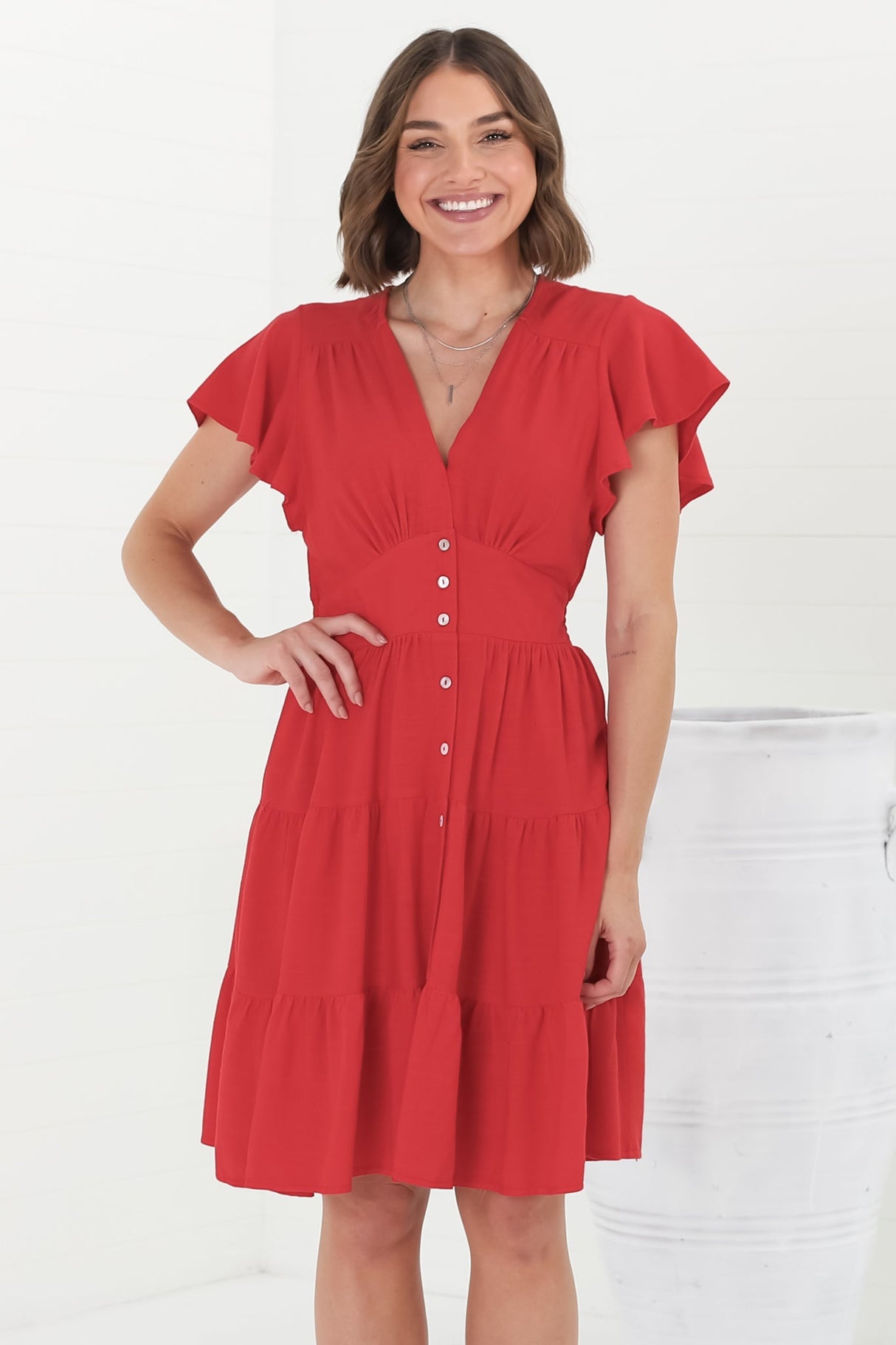 Amy Mini Dress - Frill Cap Sleeve Button Down V Neck Dress in Red