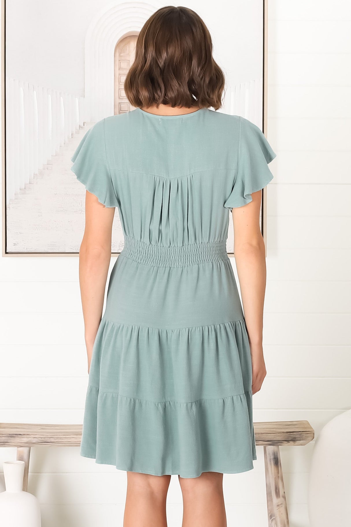 Amy Mini Dress - Frill Cap Sleeve Button Down V Neck Dress in Sage