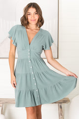 Amy Mini Dress - Frill Cap Sleeve Button Down V Neck Dress in Sage