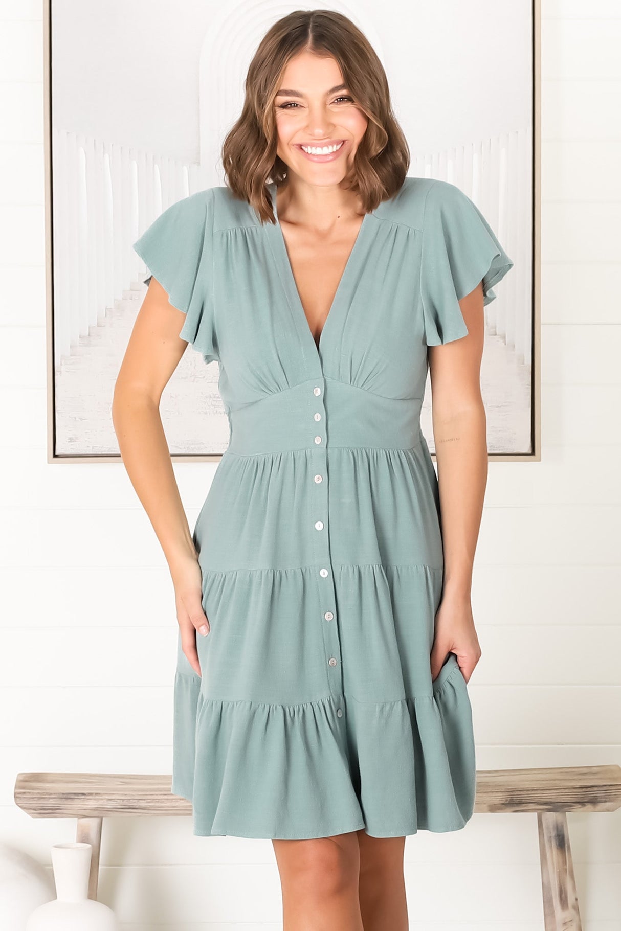 Amy Mini Dress - Frill Cap Sleeve Button Down V Neck Dress in Sage