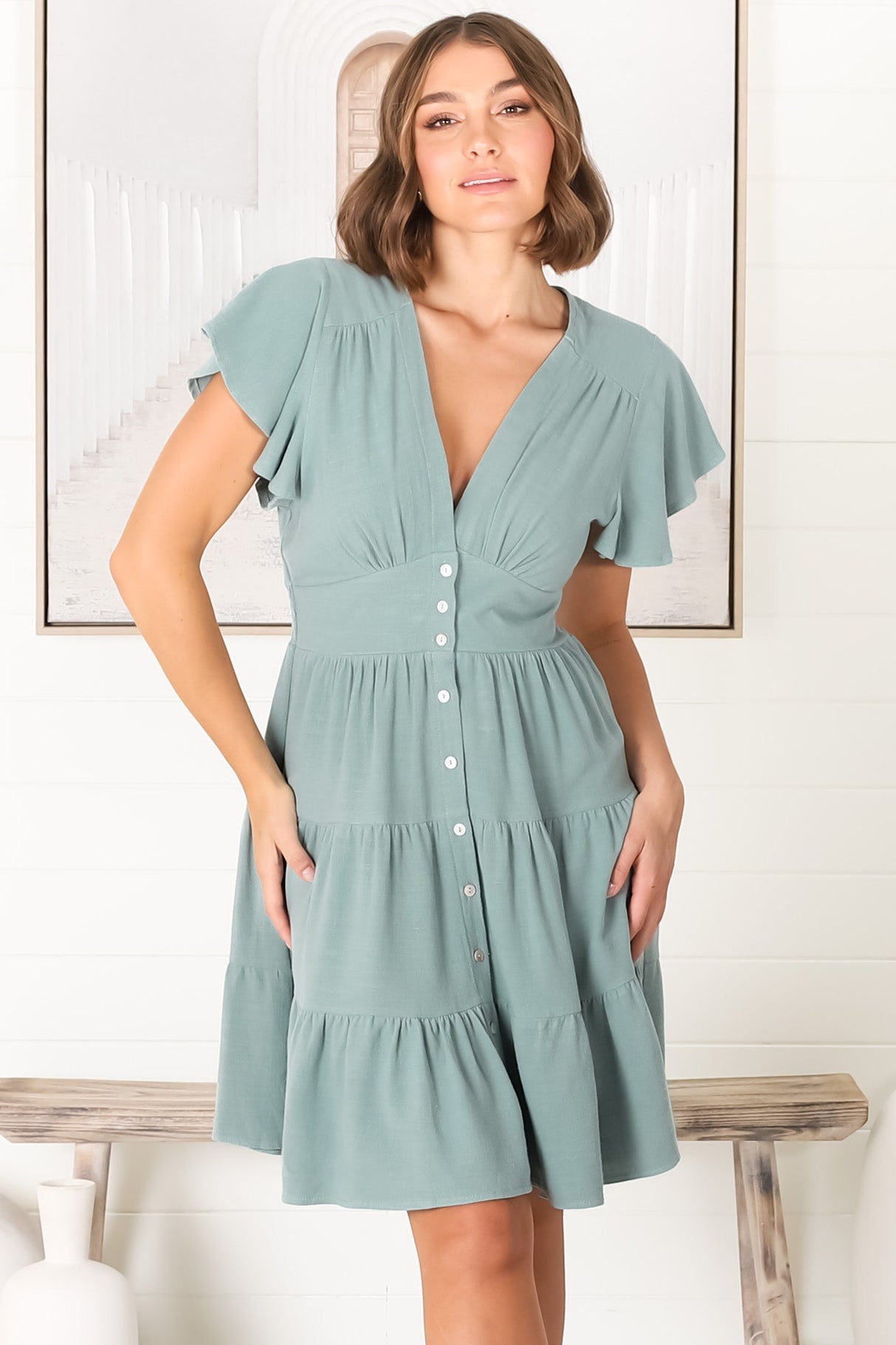 Amy Mini Dress - Frill Cap Sleeve Button Down V Neck Dress in Sage