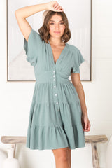 Amy Mini Dress - Frill Cap Sleeve Button Down V Neck Dress in Sage