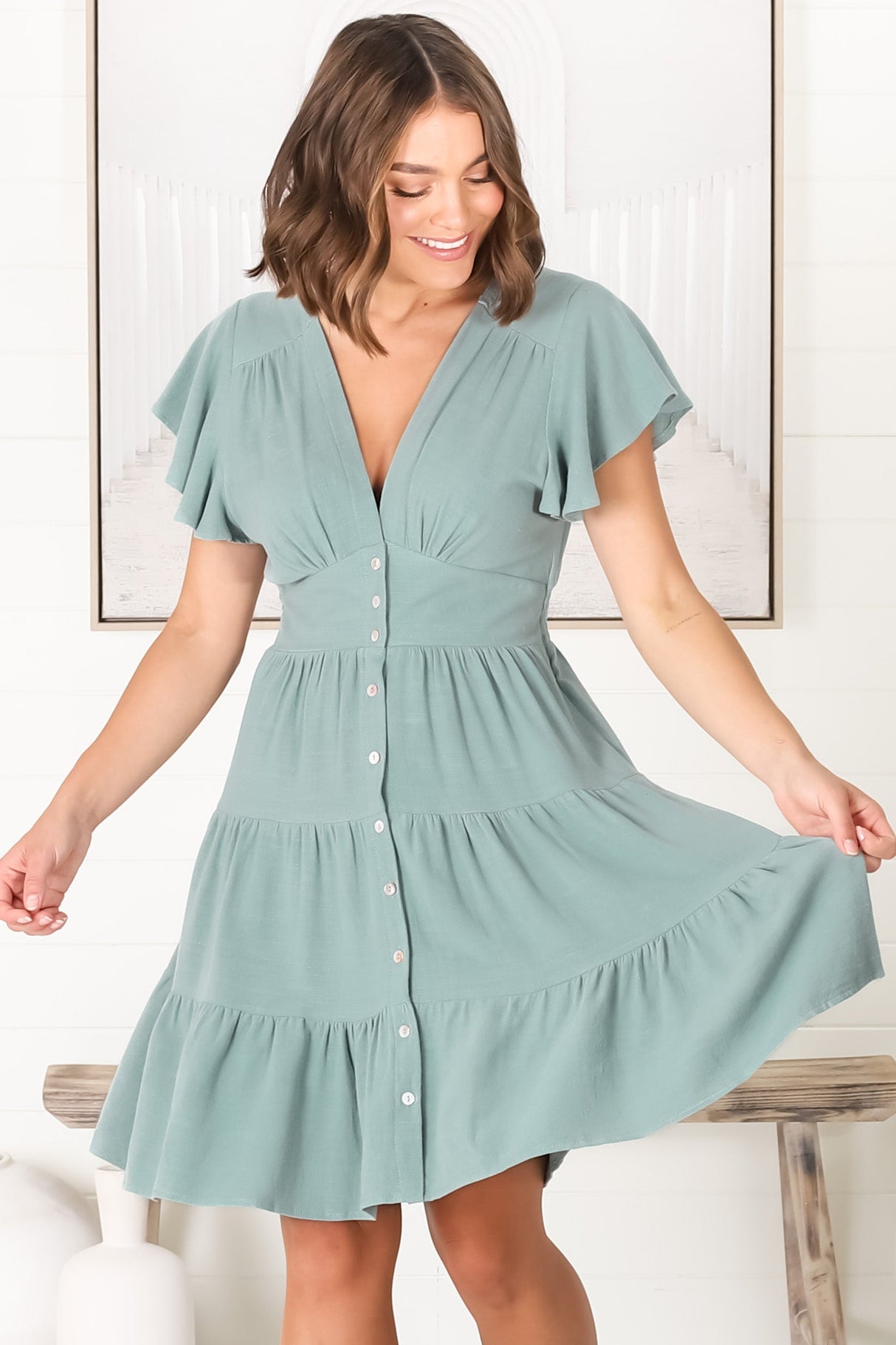 Amy Mini Dress - Frill Cap Sleeve Button Down V Neck Dress in Sage