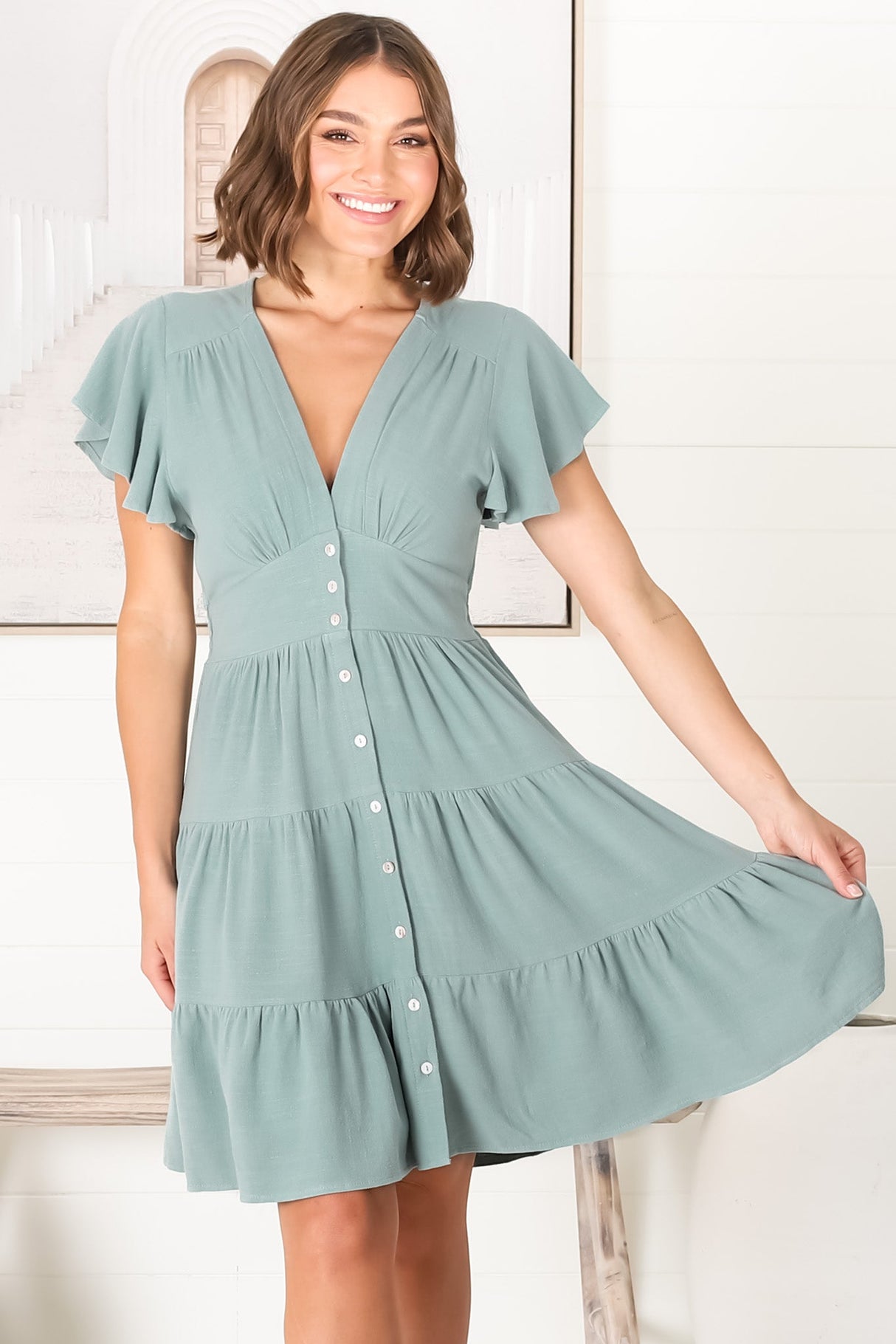 Amy Mini Dress - Frill Cap Sleeve Button Down V Neck Dress in Sage