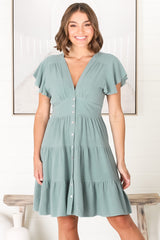 Amy Mini Dress - Frill Cap Sleeve Button Down V Neck Dress in Sage