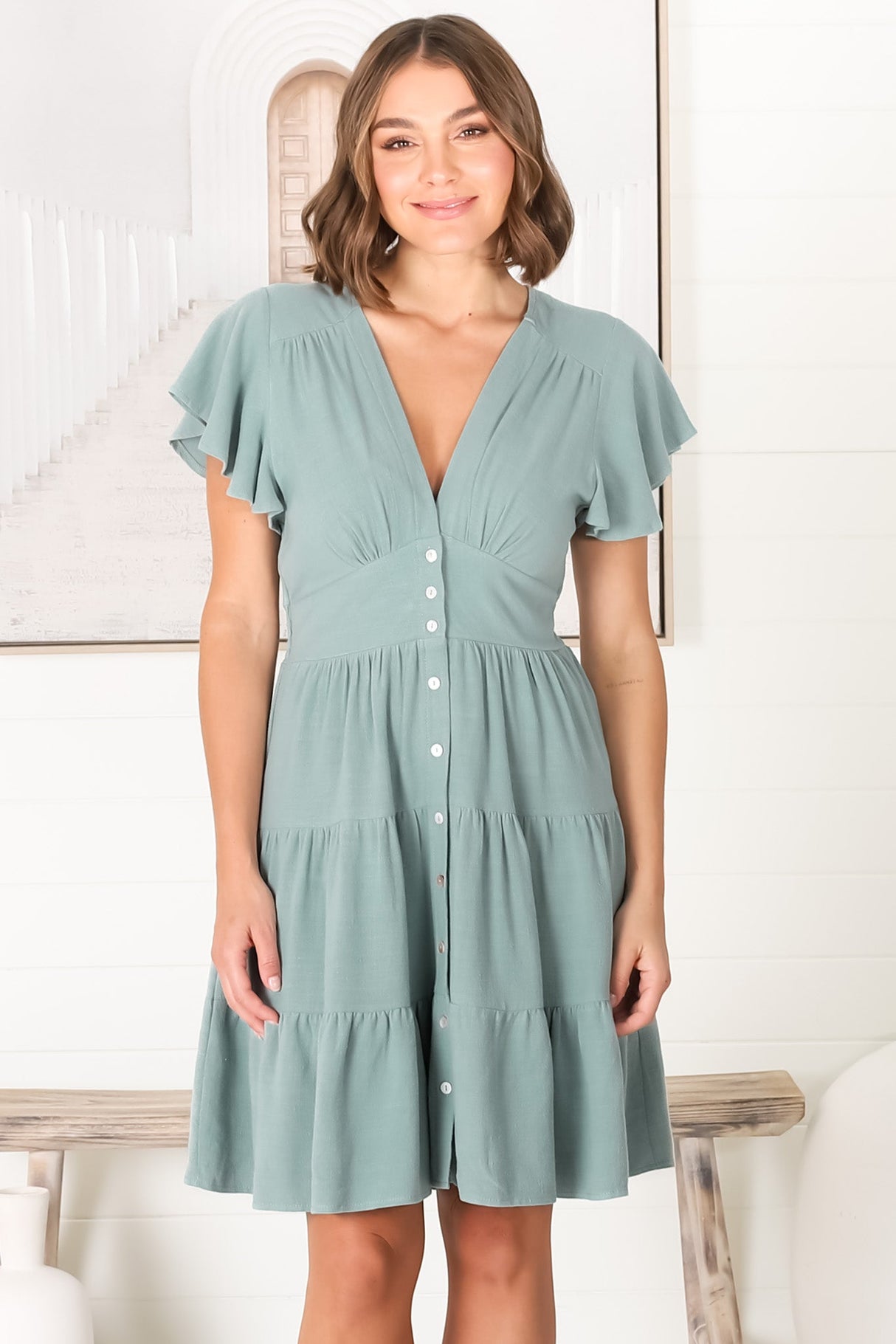 Amy Mini Dress - Frill Cap Sleeve Button Down V Neck Dress in Sage