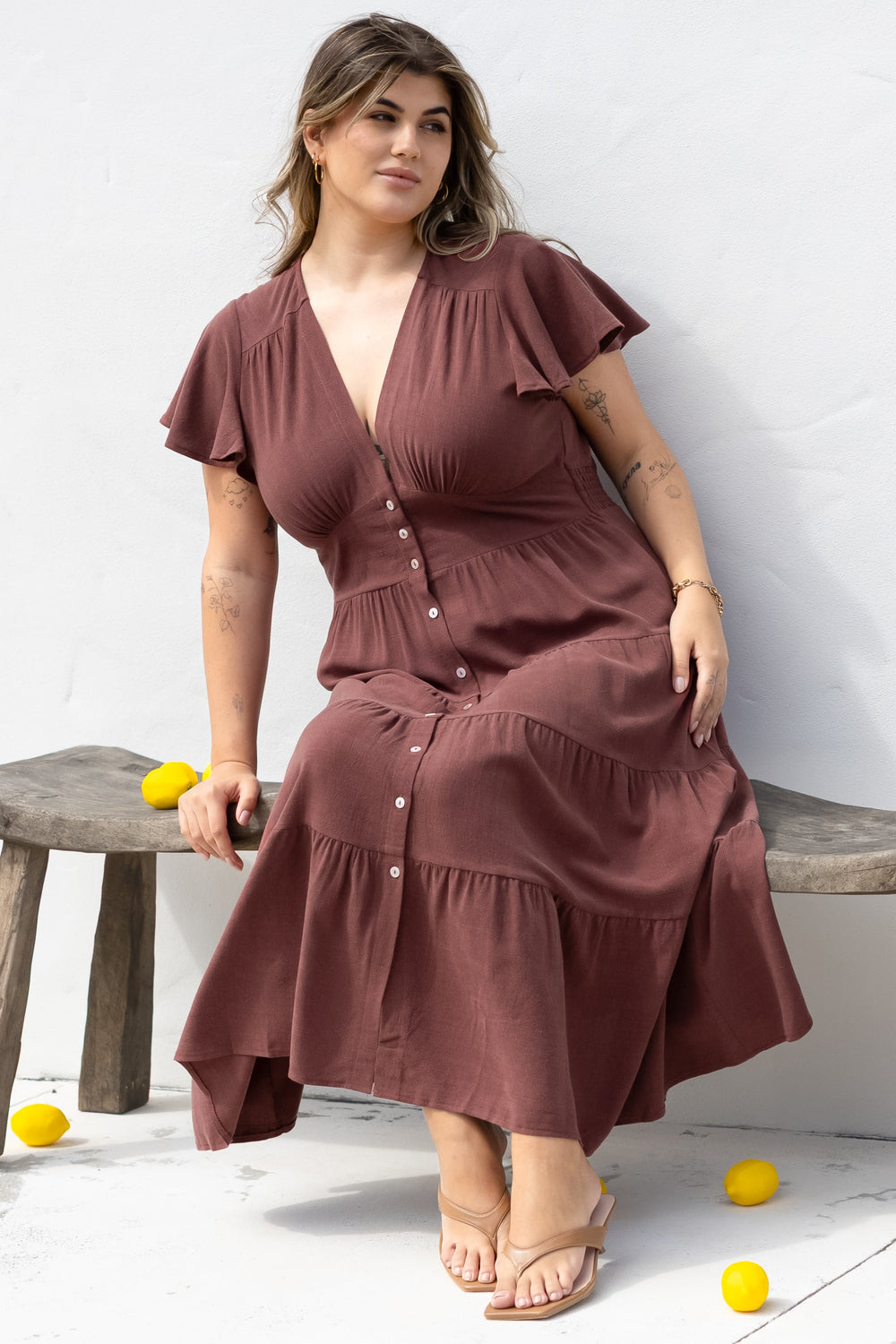 Amy Midi Dress - Flutter Cap Sleeve Buttoned Down V Neck Dress in Chocolate