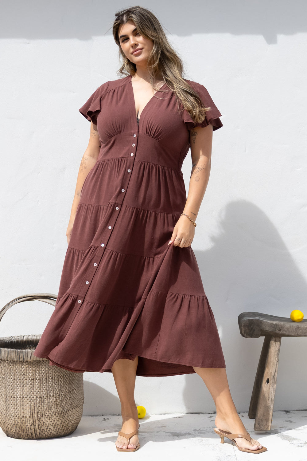 Amy Midi Dress - Flutter Cap Sleeve Buttoned Down V Neck Dress in Chocolate