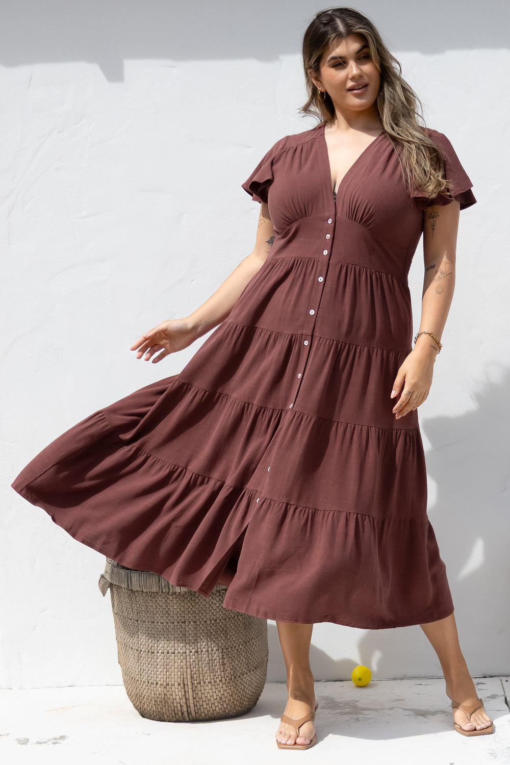 Amy Midi Dress - Flutter Cap Sleeve Buttoned Down V Neck Dress in Chocolate