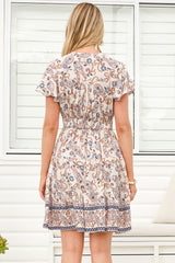 Amy Mini Dress - Cap Sleeve Button Down V Neck Dress in Soph Print