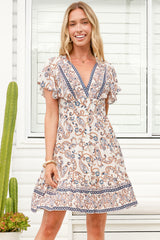 Amy Mini Dress - Cap Sleeve Button Down V Neck Dress in Soph Print