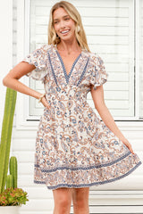 Amy Mini Dress - Cap Sleeve Button Down V Neck Dress in Soph Print