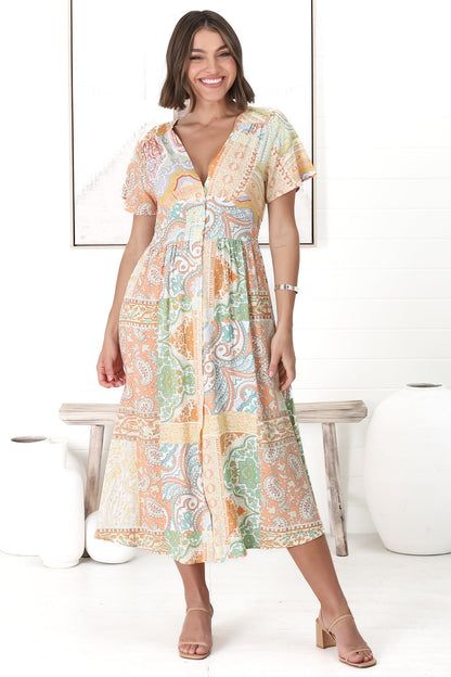 Anais Midi Dress - Cap Flutter Sleeve Button Down A Line Dress in Amanda Print