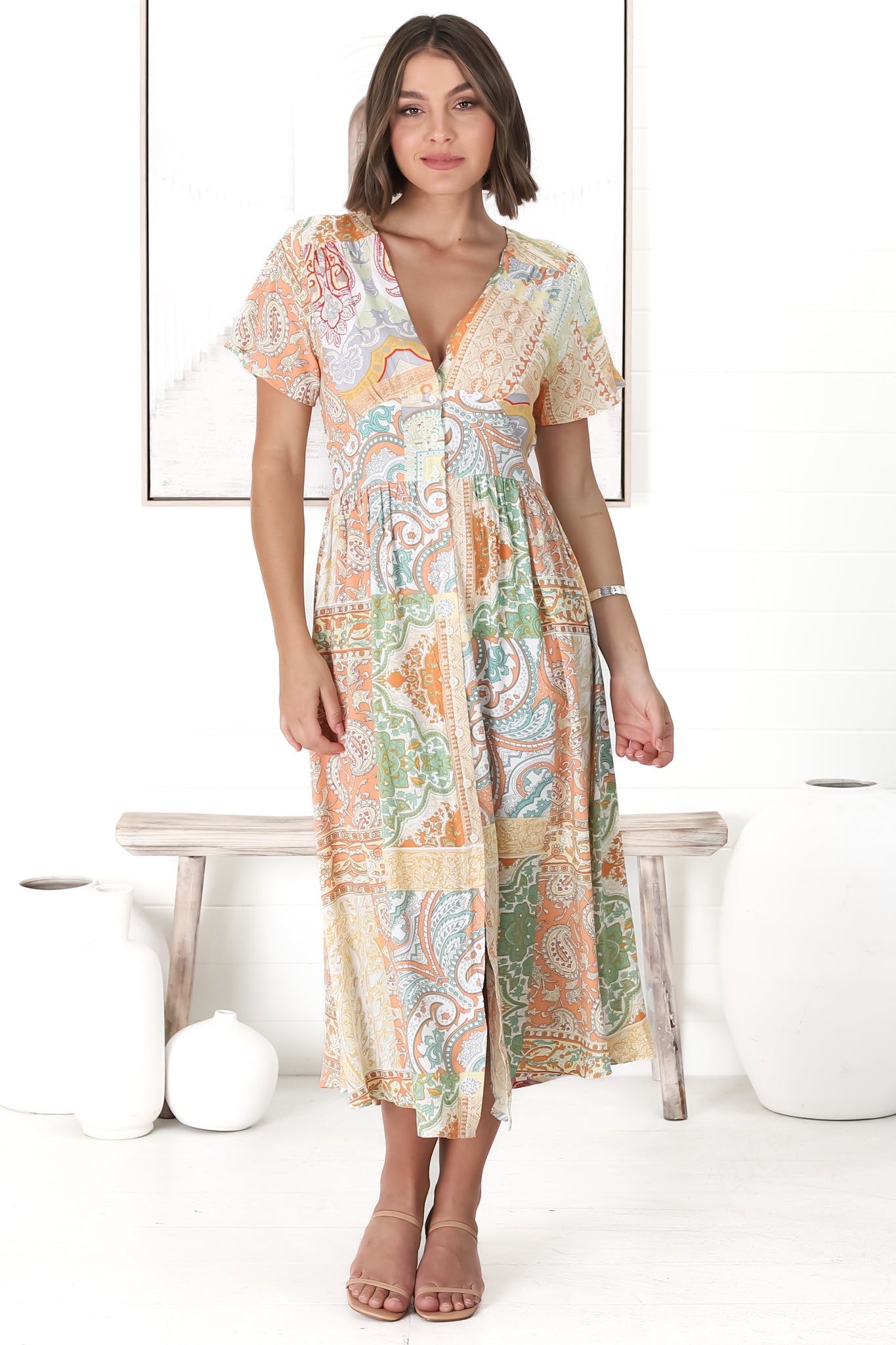Anais Midi Dress - Cap Flutter Sleeve Button Down A Line Dress in Amanda Print