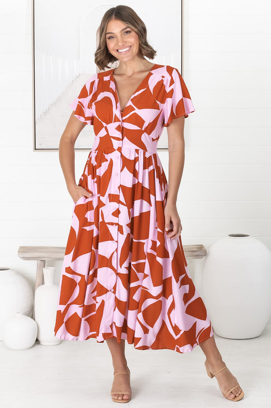 Anais Midi Dress - Cap Flutter Sleeve Button Down A Line Dress in Azira Print Lilac