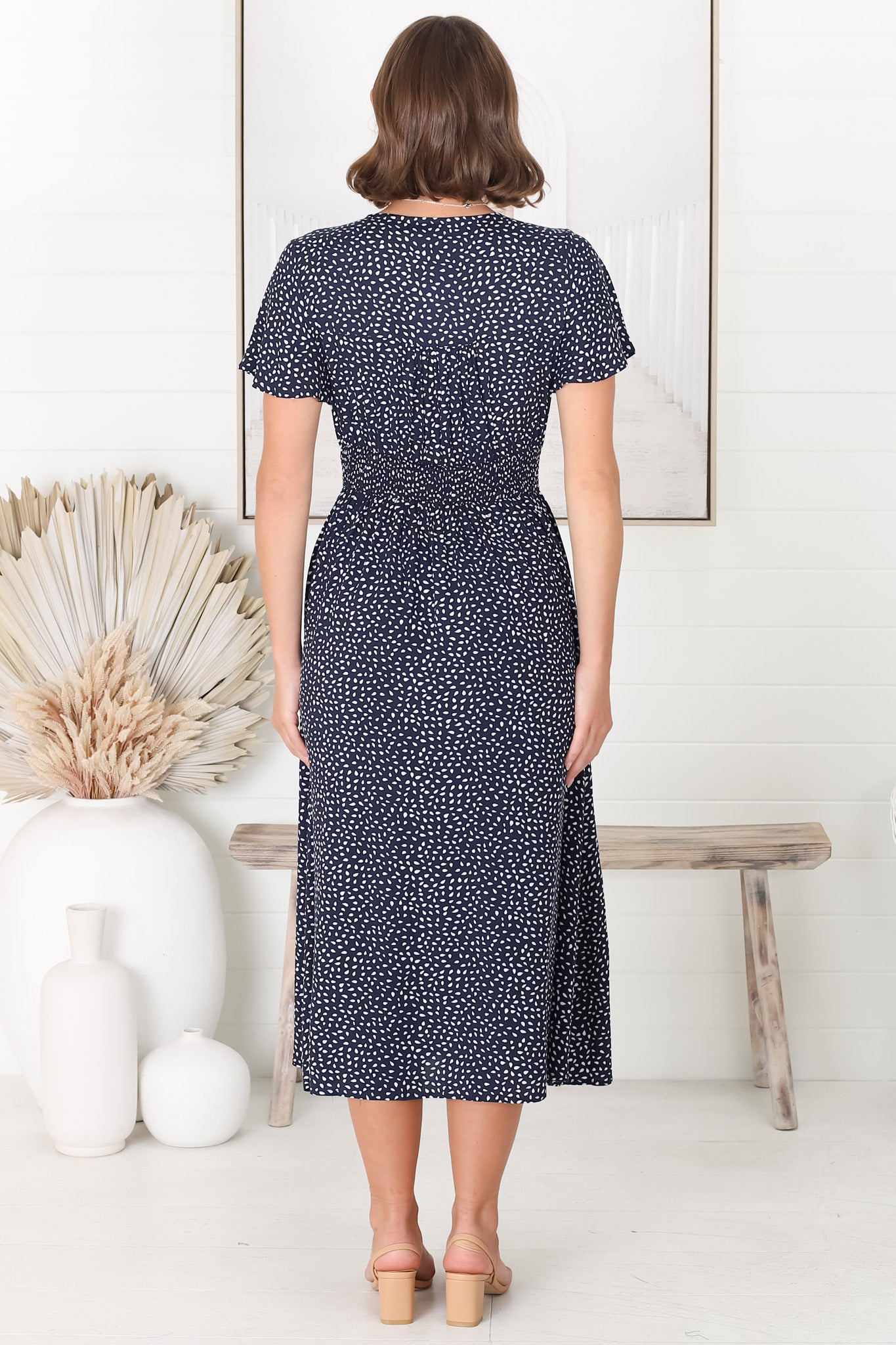 Anais Midi Dress - Cap Flutter Sleeve Button Down A Line Dress in Bell Print