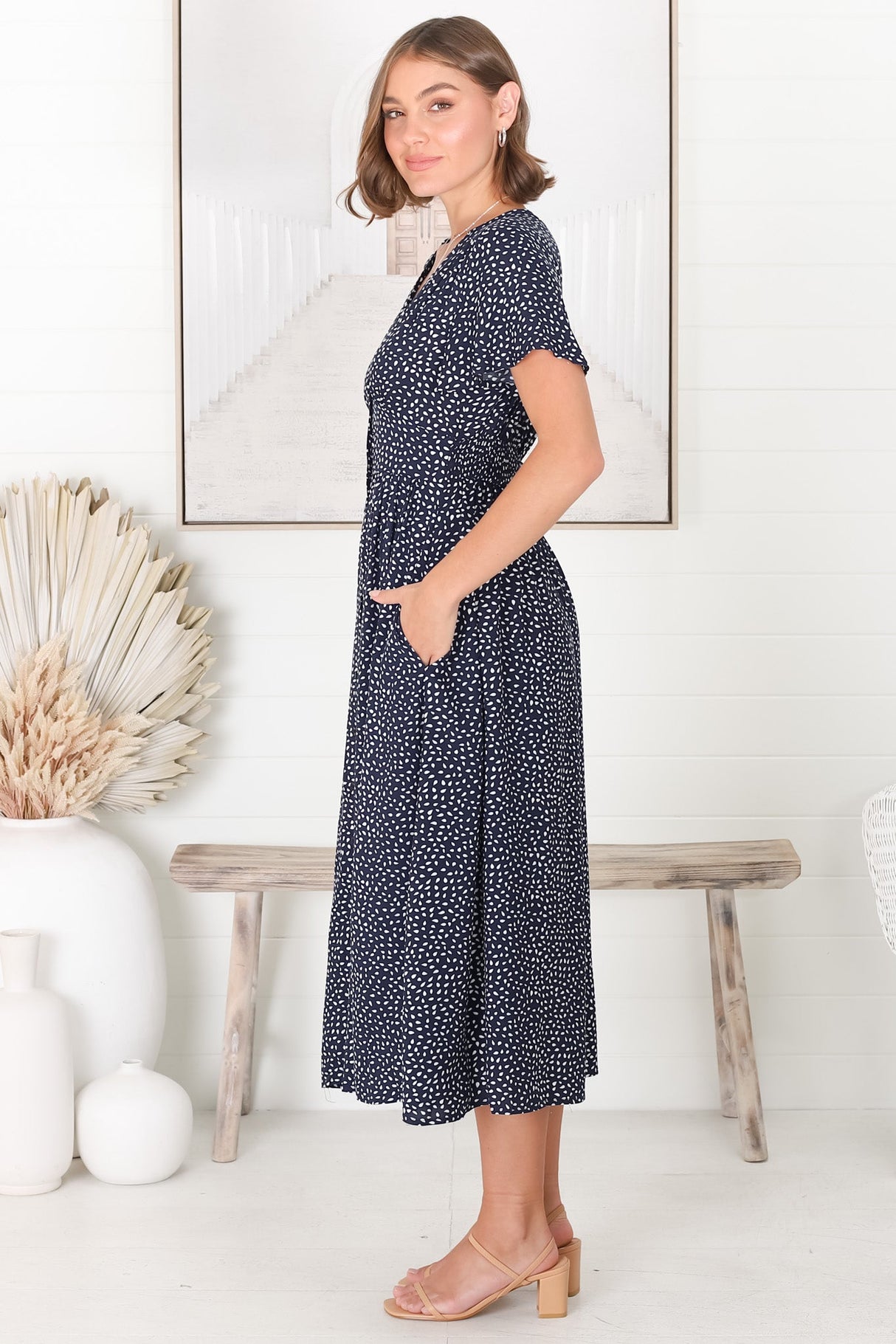 Anais Midi Dress - Cap Flutter Sleeve Button Down A Line Dress in Bell Print