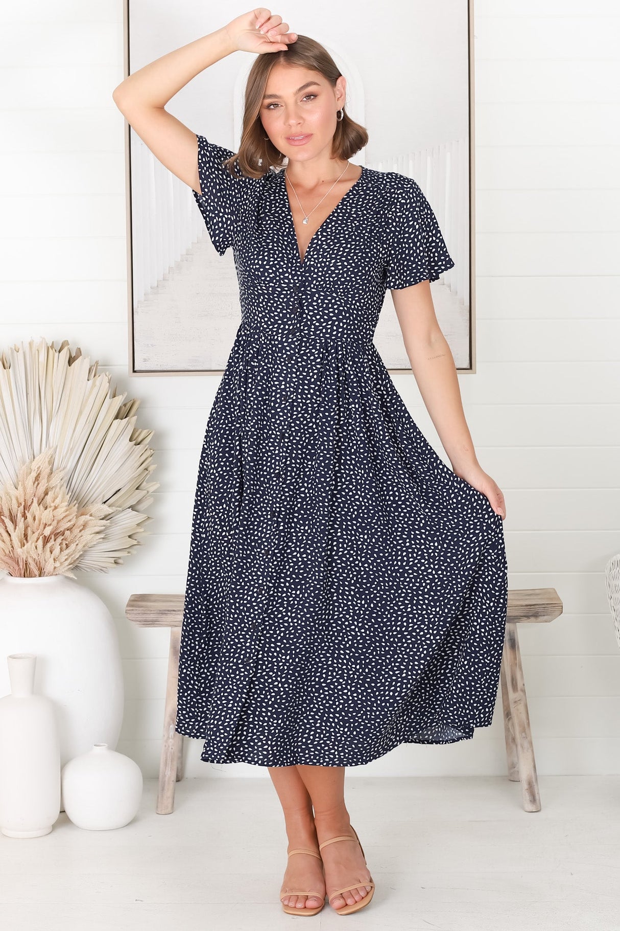 Anais Midi Dress - Cap Flutter Sleeve Button Down A Line Dress in Bell Print