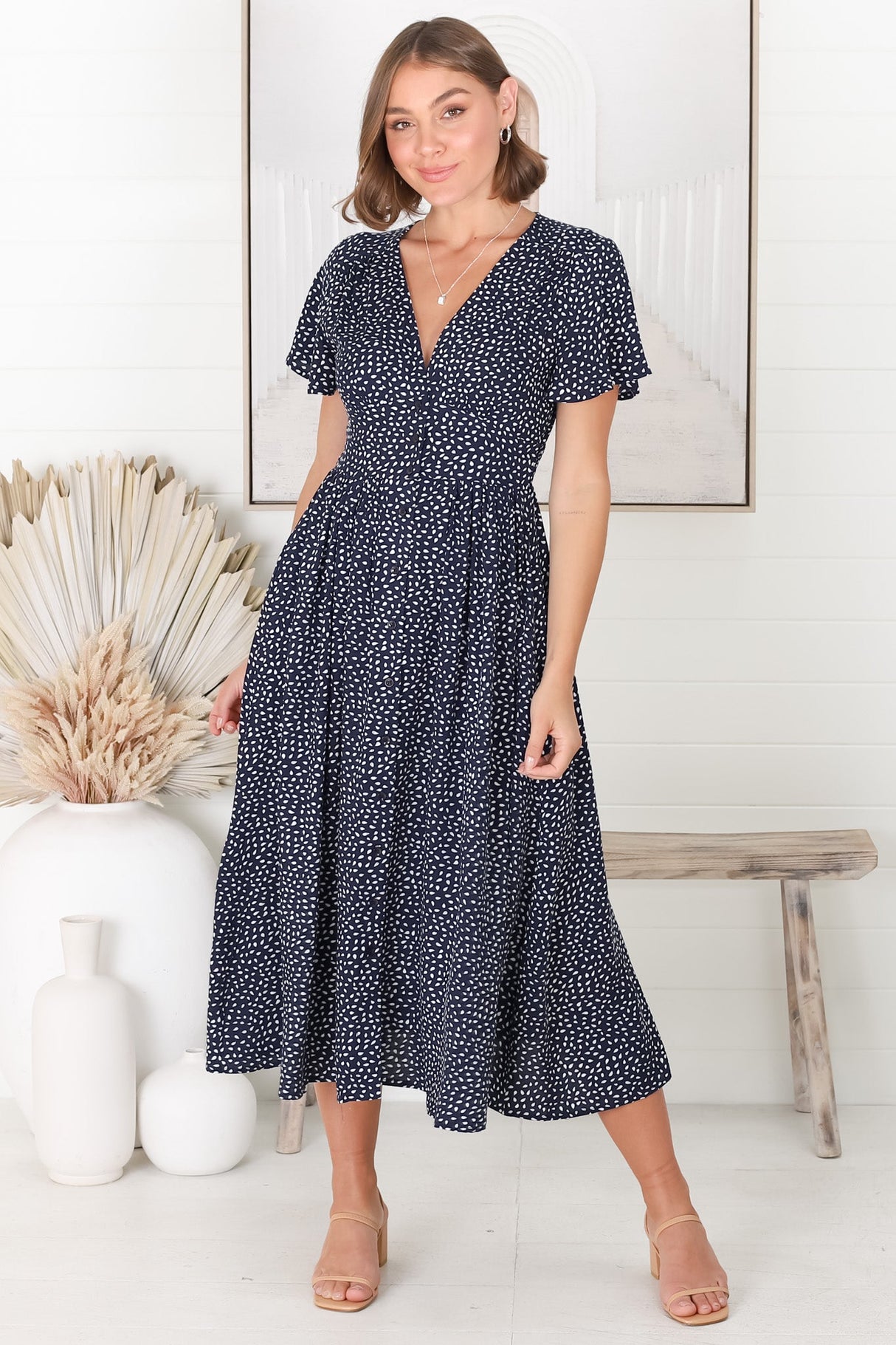 Anais Midi Dress - Cap Flutter Sleeve Button Down A Line Dress in Bell Print