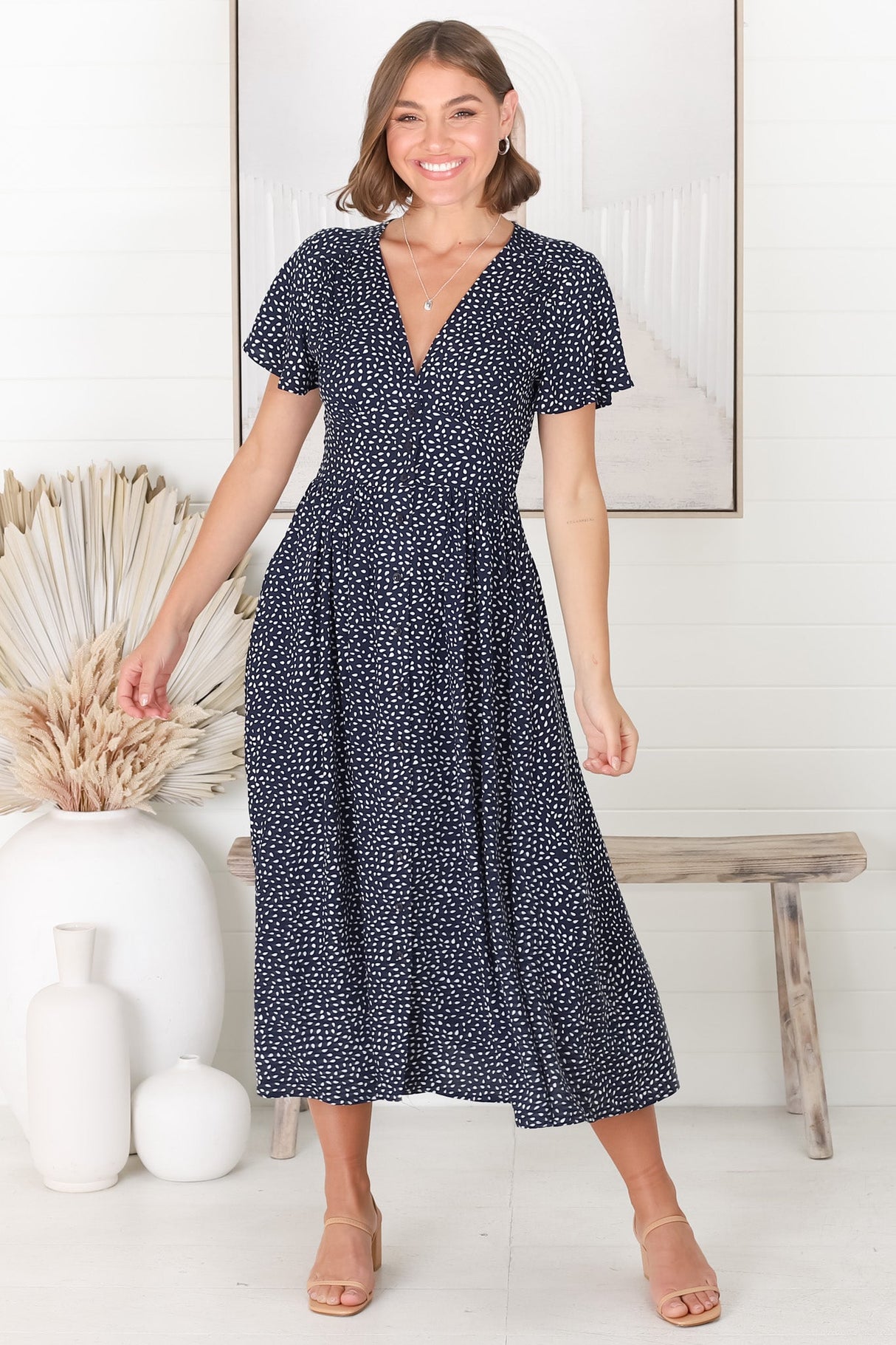 Anais Midi Dress - Cap Flutter Sleeve Button Down A Line Dress in Bell Print