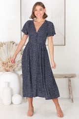 Anais Midi Dress - Cap Flutter Sleeve Button Down A Line Dress in Bell Print