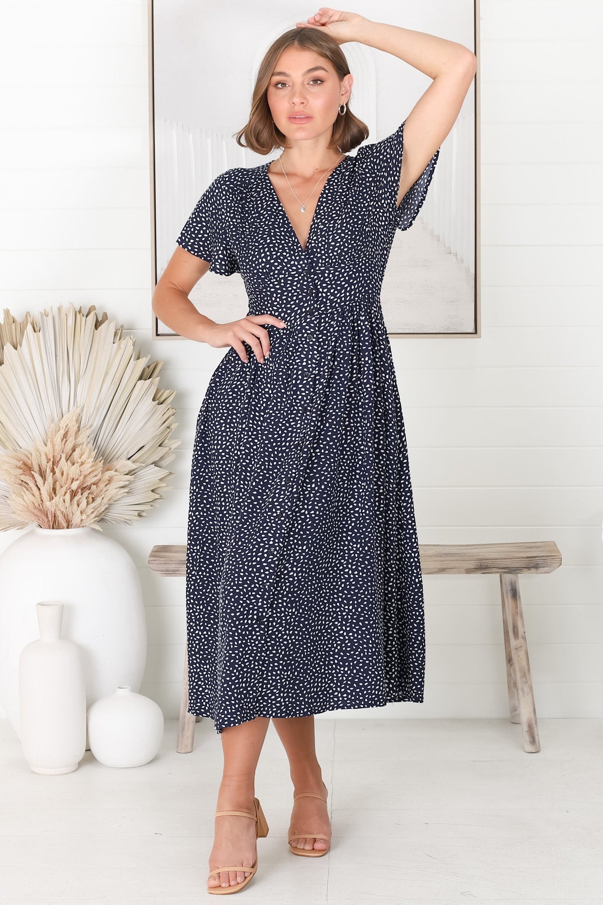 Anais Midi Dress - Cap Flutter Sleeve Button Down A Line Dress in Bell Print