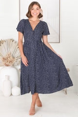 Anais Midi Dress - Cap Flutter Sleeve Button Down A Line Dress in Bell Print