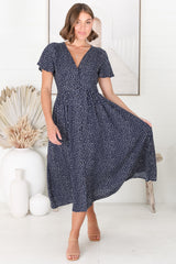 Anais Midi Dress - Cap Flutter Sleeve Button Down A Line Dress in Bell Print