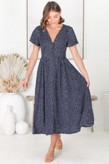 Anais Midi Dress - Cap Flutter Sleeve Button Down A Line Dress in Bell Print