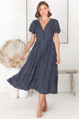 Anais Midi Dress - Cap Flutter Sleeve Button Down A Line Dress in Bell Print