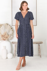 Anais Midi Dress - Cap Flutter Sleeve Button Down A Line Dress in Bell Print