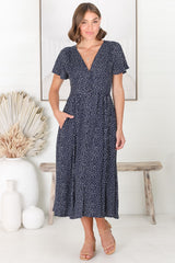 Anais Midi Dress - Cap Flutter Sleeve Button Down A Line Dress in Bell Print