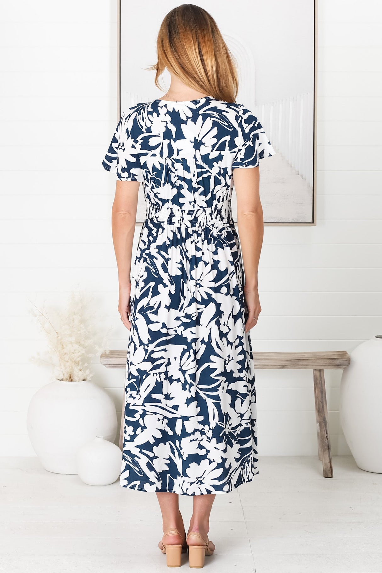 Nova Midi Dress - Flutter Cap Sleeve Tiered Button Down Dress with Pockets in Charis Print Blue