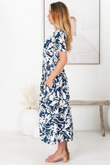 Nova Midi Dress - Flutter Cap Sleeve Tiered Button Down Dress with Pockets in Charis Print Blue