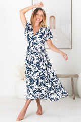 Nova Midi Dress - Flutter Cap Sleeve Tiered Button Down Dress with Pockets in Charis Print Blue