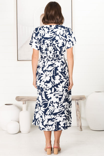 Anais Midi Dress - Cap Flutter Sleeve Button Down A Line Dress in Charis Print Blue
