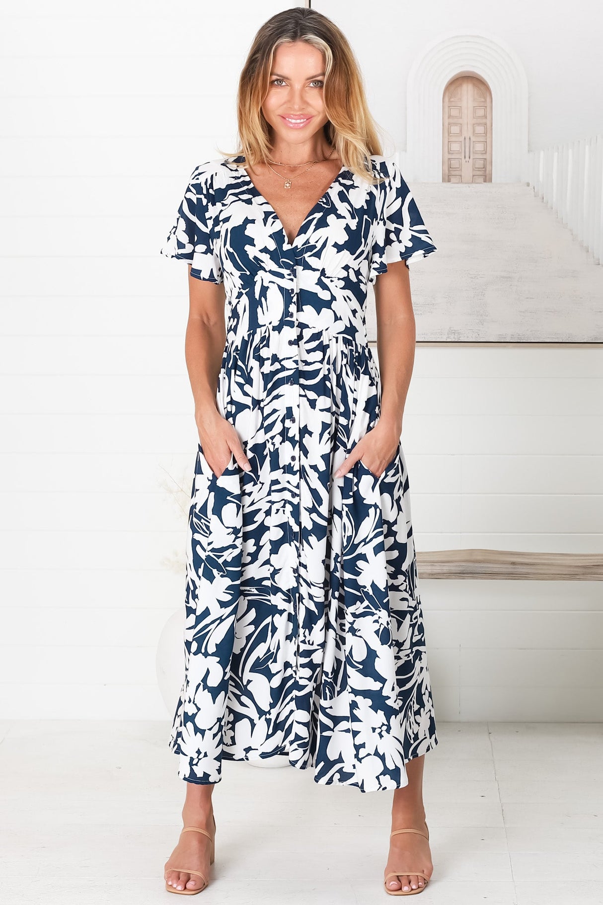 Nova Midi Dress - Flutter Cap Sleeve Tiered Button Down Dress with Pockets in Charis Print Blue