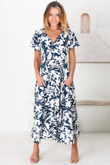 Nova Midi Dress - Flutter Cap Sleeve Tiered Button Down Dress with Pockets in Charis Print Blue