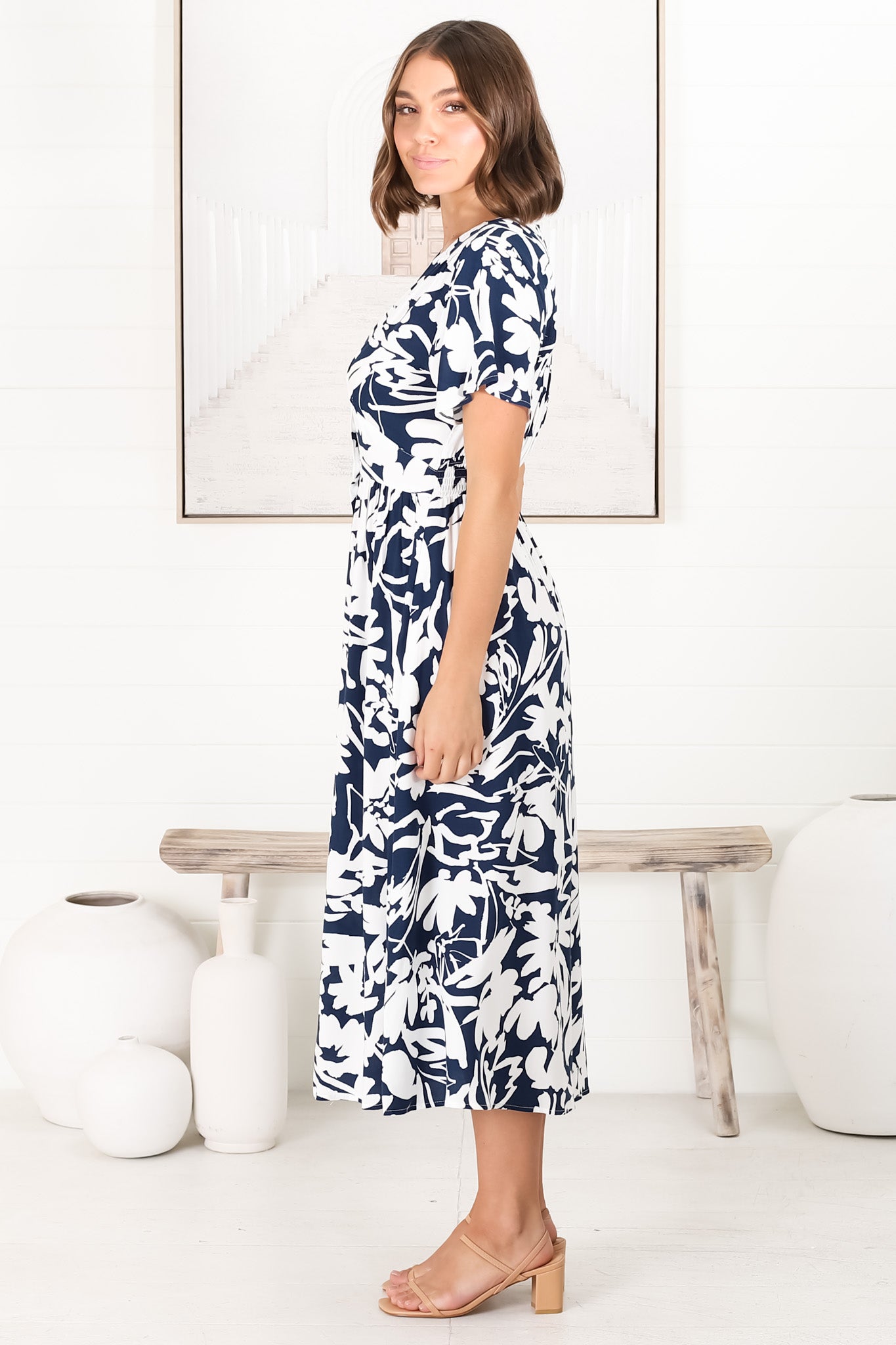 Anais Midi Dress - Cap Flutter Sleeve Button Down A Line Dress in Charis Print Blue