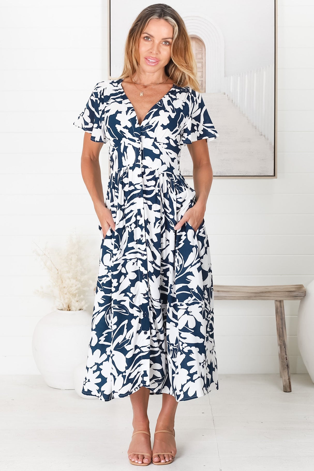 Nova Midi Dress - Flutter Cap Sleeve Tiered Button Down Dress with Pockets in Charis Print Blue