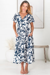 Nova Midi Dress - Flutter Cap Sleeve Tiered Button Down Dress with Pockets in Charis Print Blue