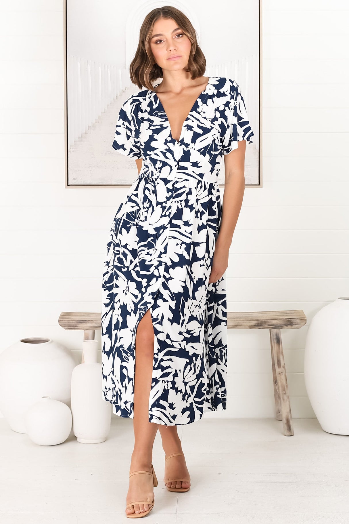 Anais Midi Dress - Cap Flutter Sleeve Button Down A Line Dress in Charis Print Blue